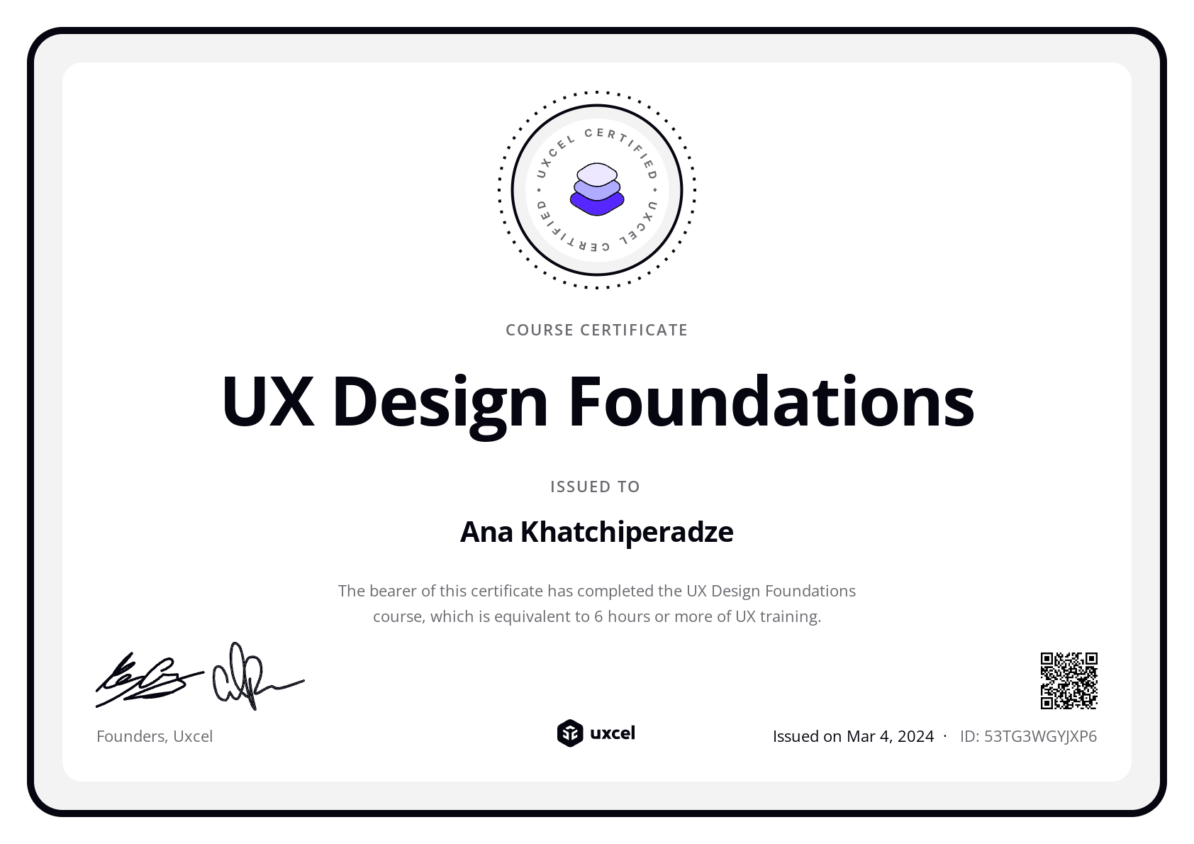 Ana Khatchiperadze's certificate